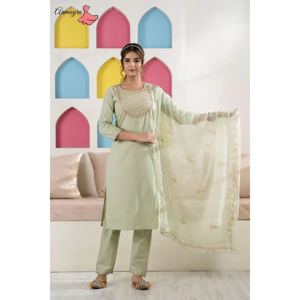 Lemon Green Straight Kurti With Pant and Shawl Set For Women From Aamayara Fashion House